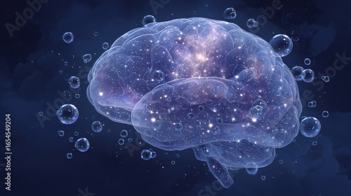 Galaxy-filled thought bubbles in transparent brain for psychology visuals