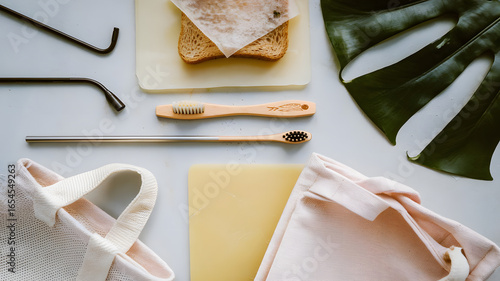 A flat lay of various zero waste products, including a bamboo toothbrush, a metal straw, beeswax wra