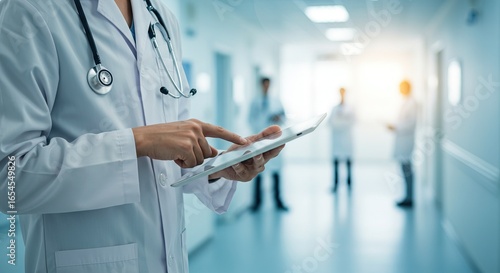 Medical professional using tablet in hospital hallway with colleagues in background