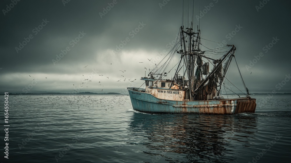 Naklejka premium Fishing Vessel on Calm Waters Under a Dramatic Sky, Showing the Hardships of Life at Sea