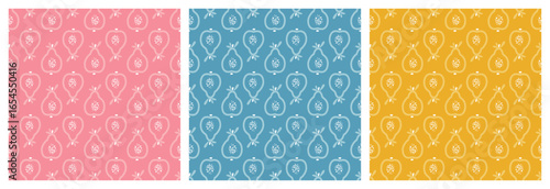 Set of Pear Vector Seamless Patterns. Summer Fruit Backgrounds - Pink, Blue, Yellow Colors. Vector Illustration