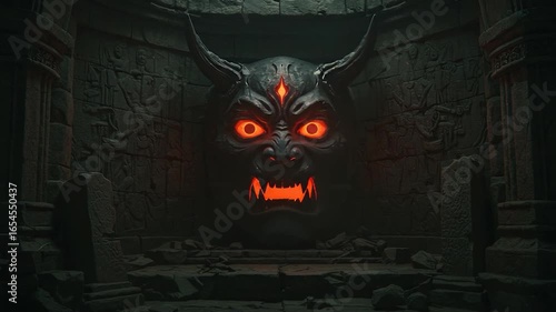 A sinister, demonic mask glows ominously in a crumbling, ancient ruin.