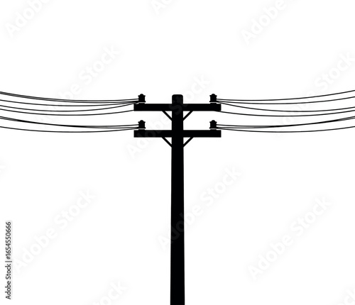 Vector art of silhouette of a wooden utility pole with multiple electrical wires against a white background transparent background