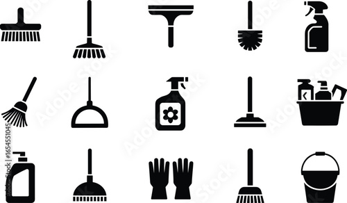 Cleaning tools icons, vector set, black and white, broom, mop, spray bottle, bucket, gloves, dustpan, soap, hygiene, sanitation
