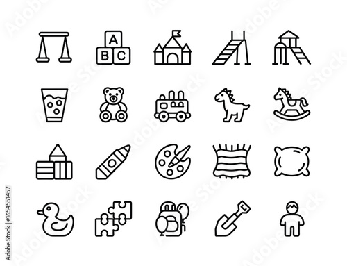 Collection of twenty black and white line art icons representing children's toys and activities play