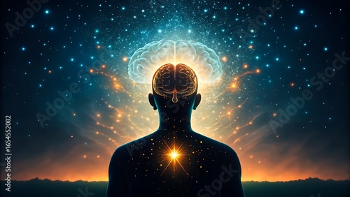 Human silhouette with glowing brain and heart energy against cosmic universe background
