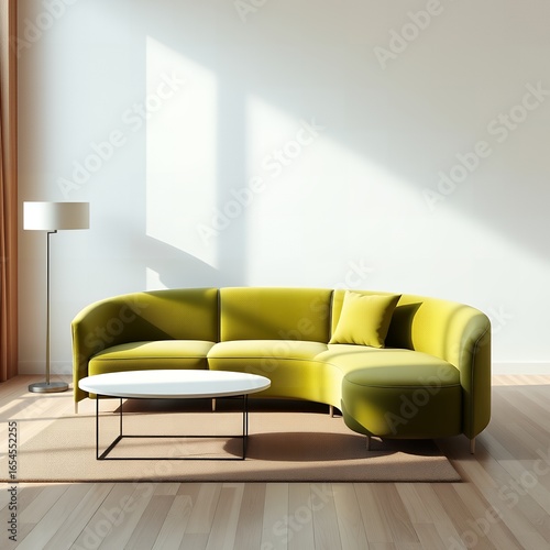 Modern curved lime green sofa with white oval coffee table and floor lamp in a sunlit room