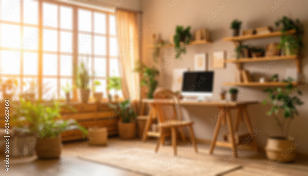Fototapeta premium Blurry wallpaper - Modern home interior design with wooden furniture and stylish decor in a single room