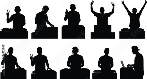 DJ performance silhouettes, music mixing, black vector, club scene, party, headphones, console, laptop, nightlife, entertainment, posture, outline, flat illustration, CAD drawing