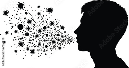 Airborne virus transmission silhouette, respiratory droplets vector, person exhaling germs, infection spread concept, black and white medical illustration
