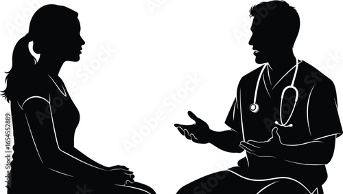 Doctor consultation silhouette, patient discussion vector, healthcare professional interaction, medical advice scene, flat illustration, black and white art