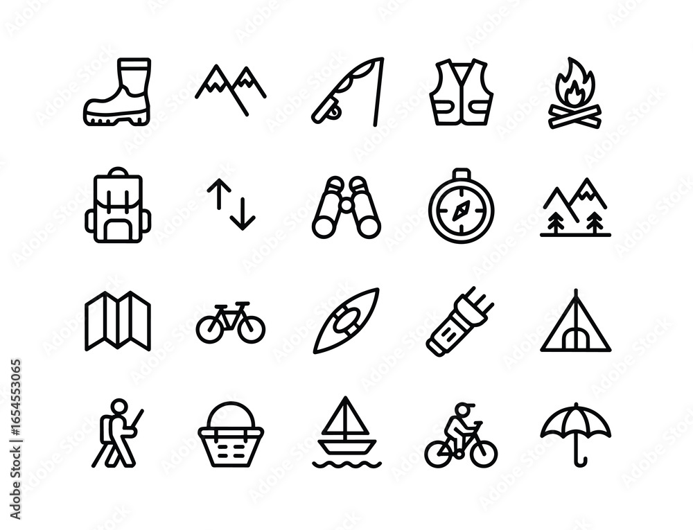 Fototapeta premium Set of 20 black and white line art icons for outdoor activities and travel activity
