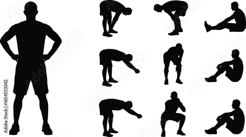 Exercise pose silhouette set, physical activity vector, stretching and squatting illustration, black and white fitness icons, body movement art