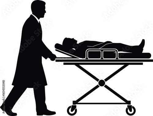 Emergency stretcher silhouette, medical personnel vector, patient transport scene, hospital care illustration, black and white flat drawing, healthcare art