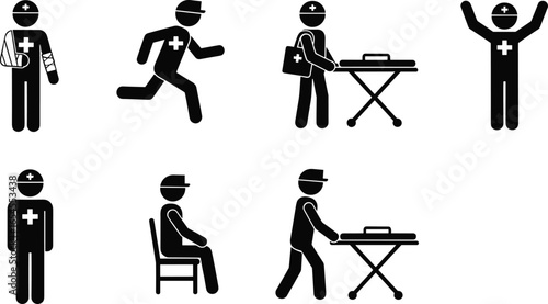 Medical personnel icons, healthcare worker silhouettes, emergency stretcher vector, patient care symbols, black and white flat illustration set