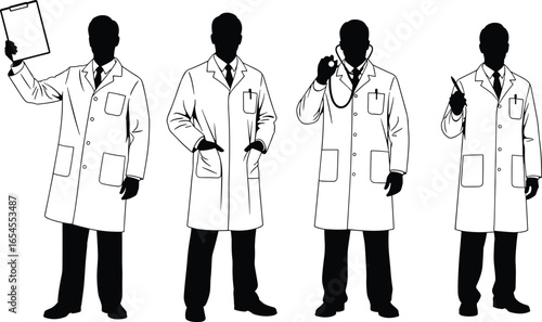 Medical professional silhouettes, lab coat figures, healthcare worker poses, stethoscope and clipboard vector, black and white flat illustration set