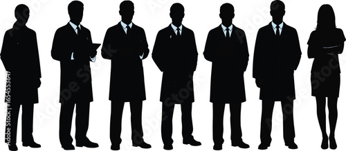 Medical team silhouette, healthcare professionals group, stethoscope and clipboard vector, hospital staff illustration, black and white flat art