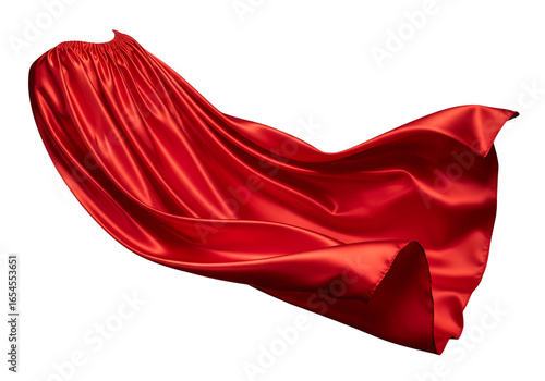 Flowing red silk superhero cape waving in the wind, shiny fabric texture. Isolated on transparent background, png