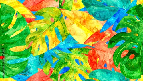 Wallpaper Mural Abstract Tropical Leaf Shapes Pattern. An abstract and artistic seamless pattern composed of simplified, graphic shapes of tropical leaves like monstera and palm.
 Torontodigital.ca