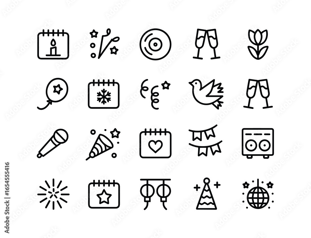 Fototapeta premium Set of twenty black and white line art icons for celebrations and events collection