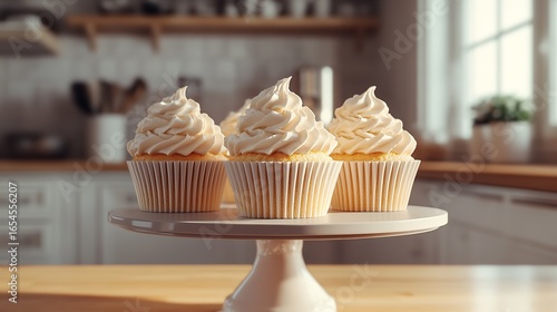 Three cupcakes with white frosting on a cake stand in a bright and airy kitchen setting indoors