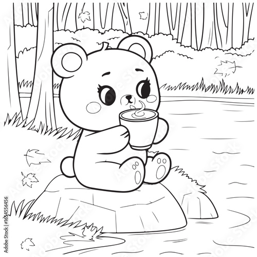 Cozy Routine, cute Kawaii Bear, coloring
pages with Black and white vector
illustration For Adults & Kids

