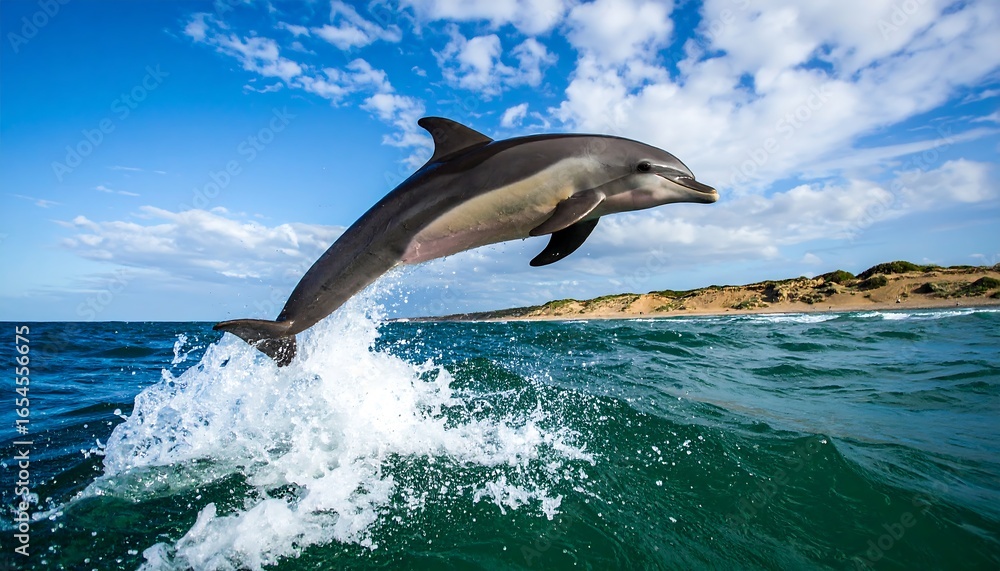 Fototapeta premium Majestic dolphin leaping gracefully through the ocean waves.