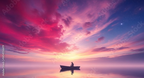Solitary figure in a rowboat gazes at a vibrant sunset sky