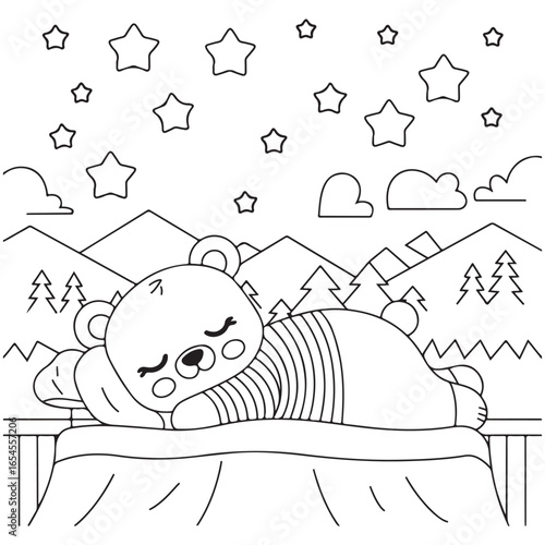 Cozy Routine, cute Kawaii Bear, coloring
pages with Black and white vector
illustration For Adults & Kids
