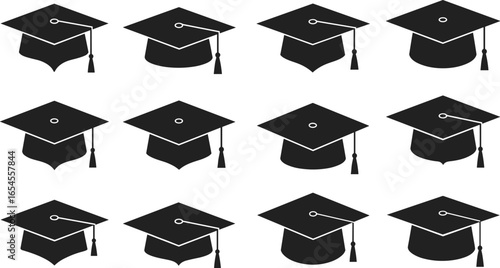 Graduation cap icons set, mortarboard variations, tassel positions, academic achievement, black vector, education symbol, flat design, outline, illustration, ceremony