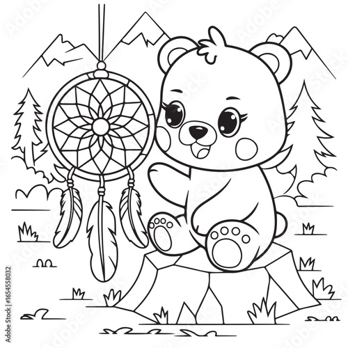 Cozy Routine, cute Kawaii Bear, coloring
pages with Black and white vector
illustration For Adults & Kids