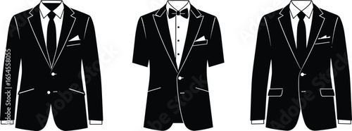 Formal suit set with notch lapel, tuxedo, shawl lapel, bow tie, necktie, pocket square, men’s fashion vector illustration