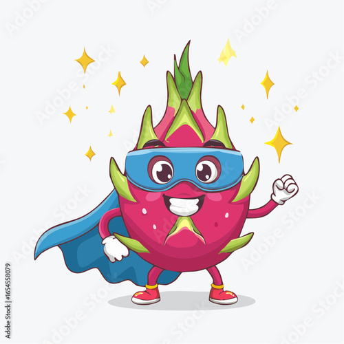 Adorable dragon fruit superhero cartoon character with a blue cape and mask. A cute pitaya fruit hero mascot vector illustration