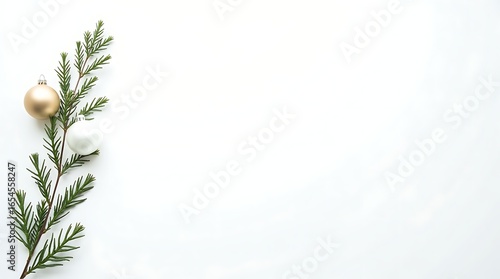 A minimalist Christmas background with a single, decorated fir branch and elegant ornaments