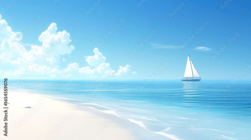 Obraz premium Serene seascape with sailboat on turquoise water under a clear blue sky and clouds