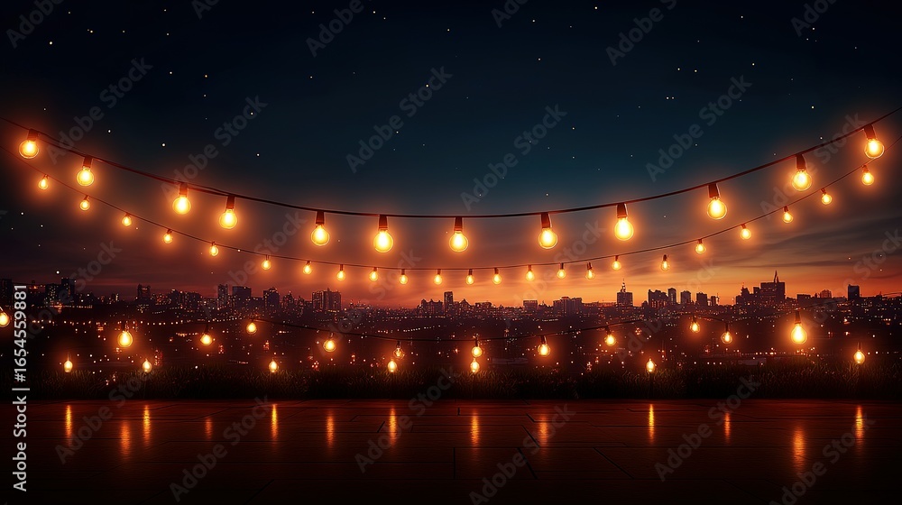 Fototapeta premium String lights illuminate a cityscape at night reflecting in the water.