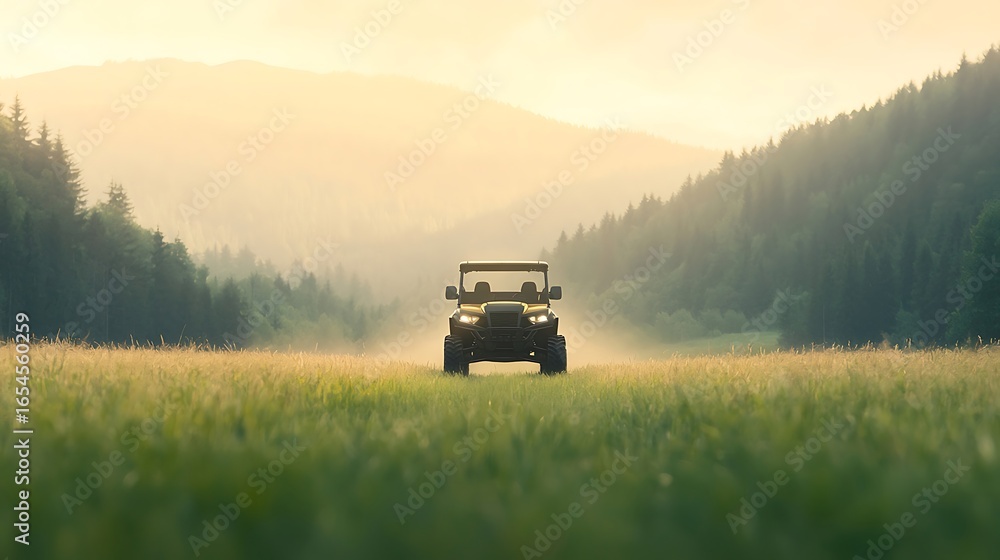 Fototapeta premium Golf cart driving through a grassy field at sunset