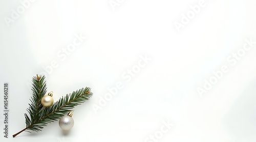 A clean white surface with a simple and elegant Christmas background with a single fir branch