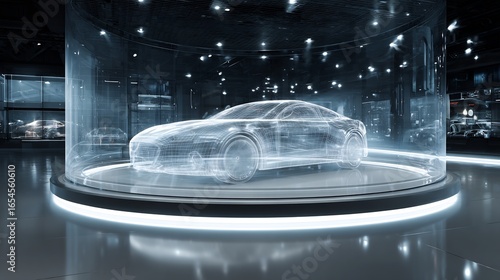 Futuristic car design showcased in a transparent display, illuminated by bright studio lighting.
