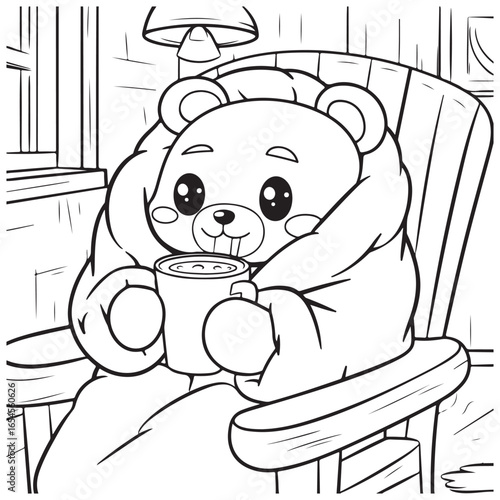 Cozy Routine, cute Kawaii Bear, coloring
pages with Black and white vector
illustration For Adults & Kids
