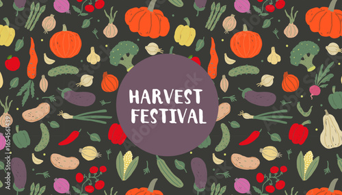 Harvest Festival Banner with vegetables. Autumn harvest and thanksgiving celebration concept.