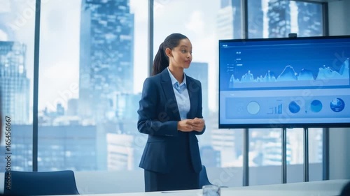 A businesswoman gives a presentation with charts, graphs, and data visuals in a modern office. Other people are listening