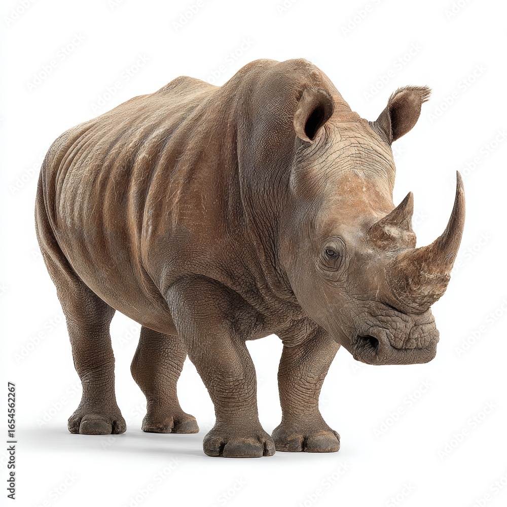 Fototapeta premium A majestic rhinoceros stands tall, exuding power and strength, showcasing its formidable horn