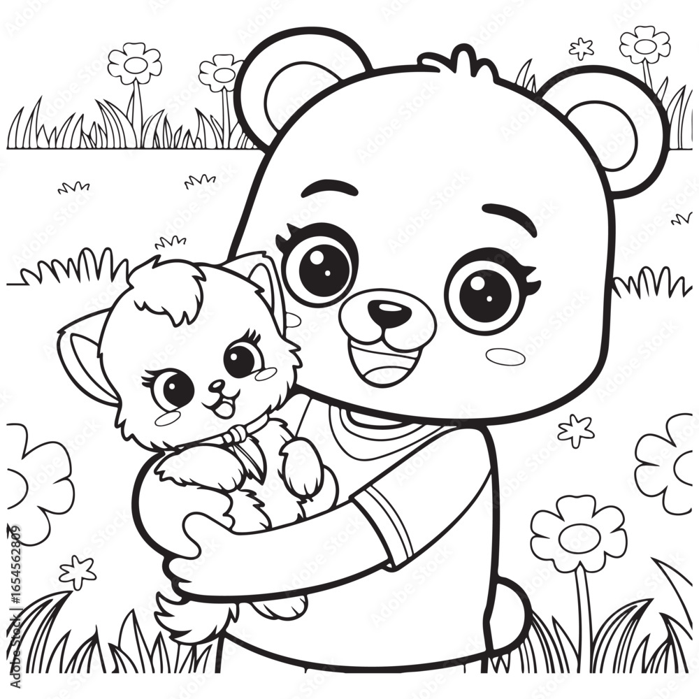 Obraz premium Cozy Routine, cute Kawaii Bear, coloring pages with Black and white vector illustration For Adults & Kids 