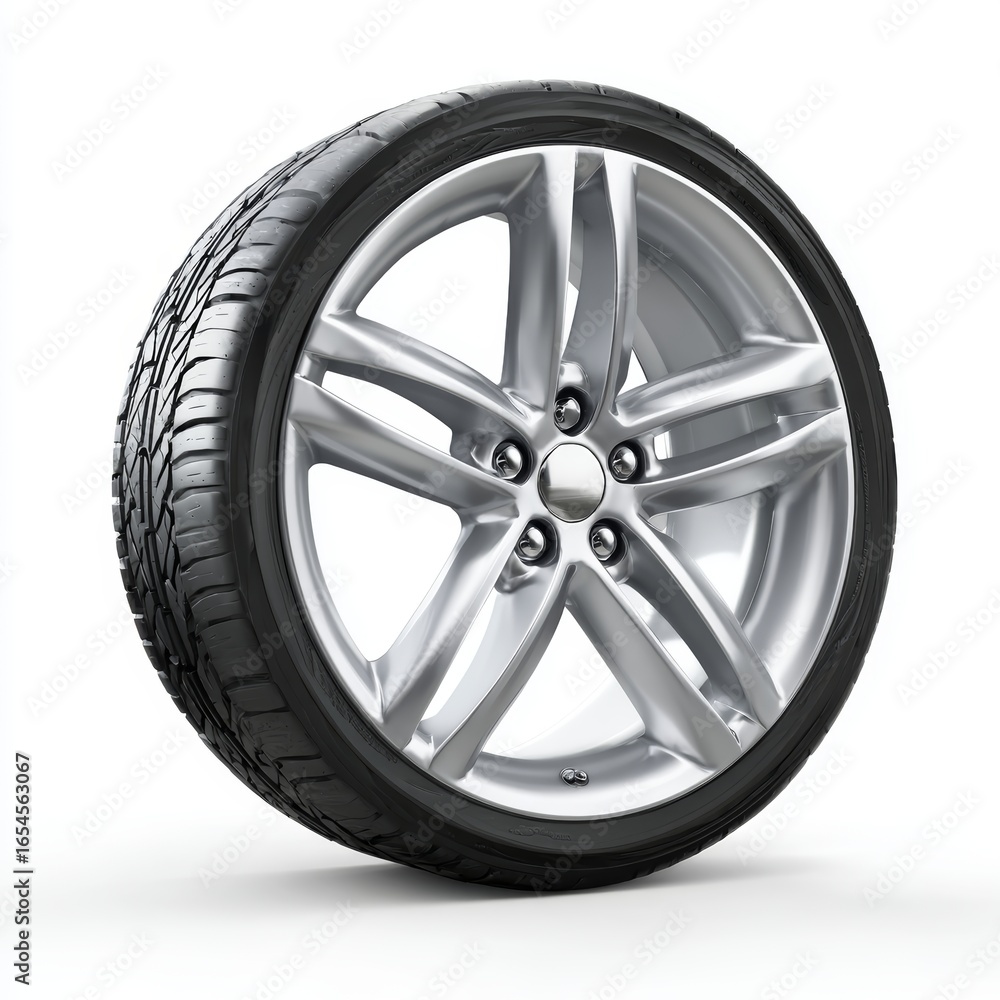 Obraz premium A close-up image of a tire and rim, with a focus on its design and features. The tire's tread patterns and rim's details are prominently visible