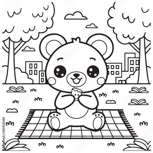 Cozy Routine, cute Kawaii Bear, coloring pages
with Black and white vector illustration For
Adults & Kids