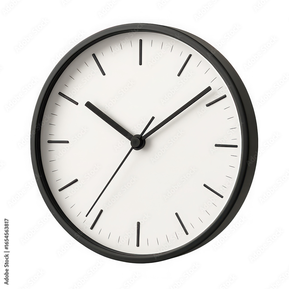 Simple black and white wall clock with minimalist design isolated on transparent background Simple black and white wall clock with minimalist design isolated on transparent background