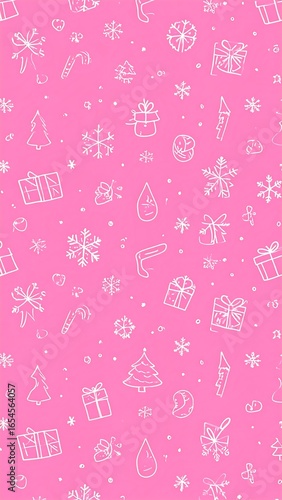 Cute, Christmas-themed, repeating pattern.  Pink background with white outlines