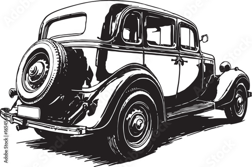 Black and White 1940s Retro Car Vector Illustration