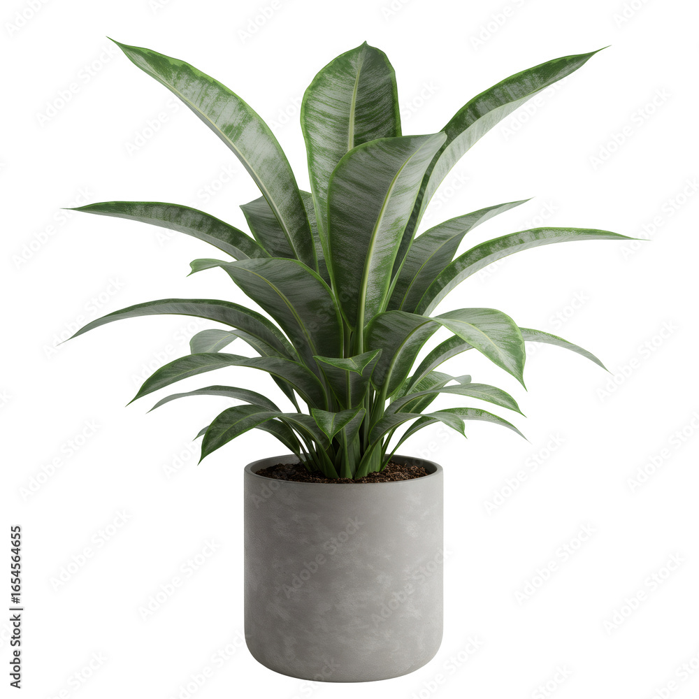 Fototapeta premium 鉢植えの観葉植物 透明な背景に隔離された緑色の葉と灰色のポット